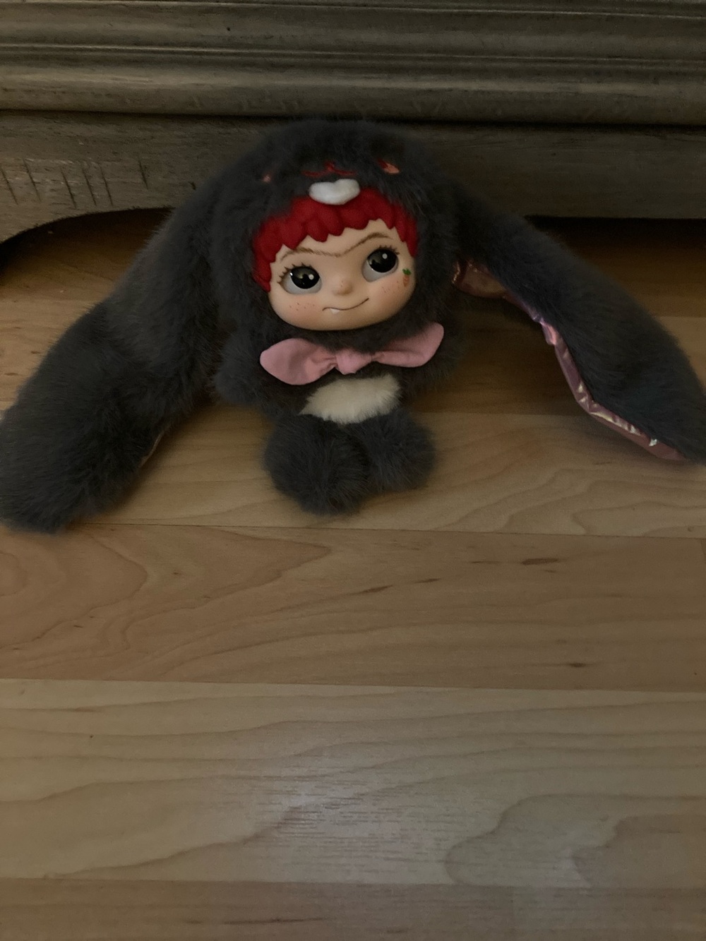 Plush Bunny Doll with Pink Bow - Gray Soft Fur